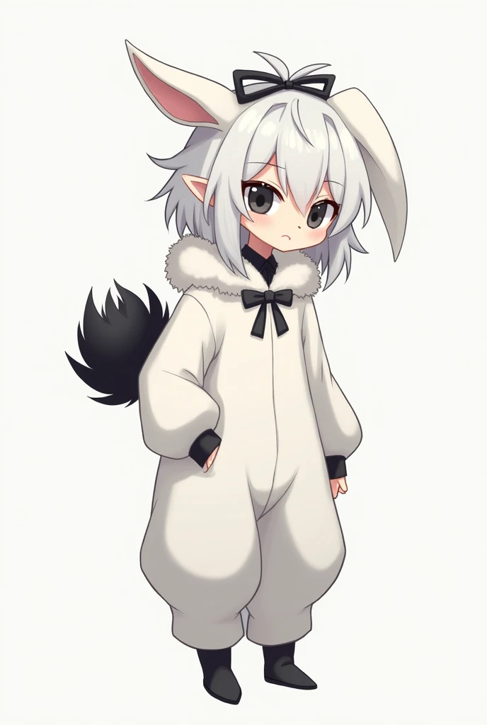 Man with fluffy black tail messy white hair medium white bunny boy outfit black pants black eyes bow behind head medium