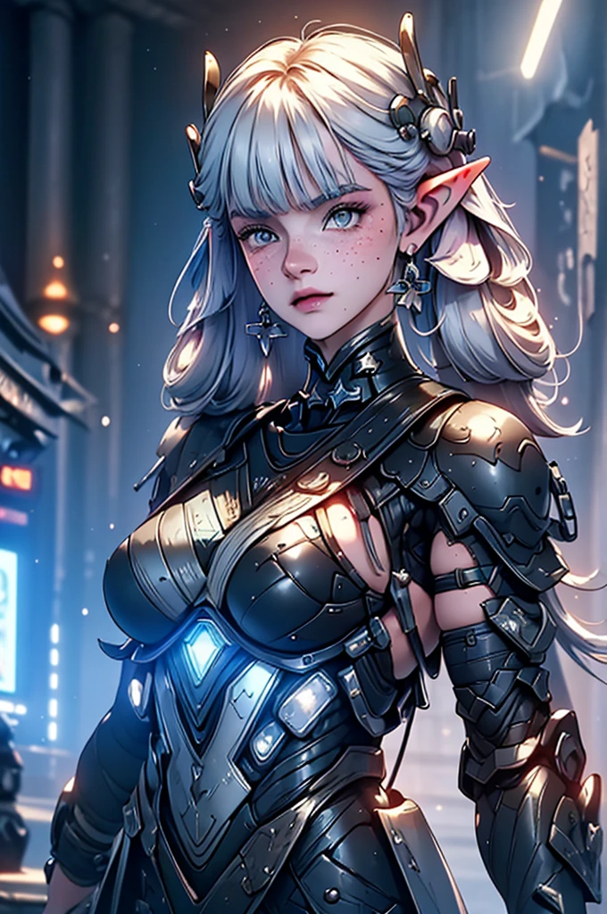 a close up of a female, pastel goth, big elf girl with freckles, light grey eyes, pointy ears, freckles, many freckles on face, white horns, unreal 5. rpg portrait, 8k portrait render, unreal engine 5, beautiful female elf, unreal engine character art, female character, female lead character, there is a woman in a black leather outfit posing for a picture, goth cybersuit, wearing techwear and armor, cybersuit, dark natasha, cyber suit, clothed in sci-fi military armor, cybersuits, diverse cybersuits, cyberpunk 2 0 y. o model girl, in a dark space mercenary outfit, cyberpunk gorgeous goddess