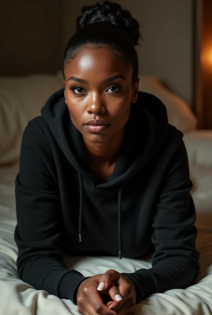 a beautiful black woman with her hair in a bun, wearing a black hoodie and black leather shorts, laying on her belly on a bed, backside view, camera positioned between her legs, extremely detailed, high quality, photorealistic, 8k, best quality, masterpiece, detailed facial features, beautiful eyes, nose, and lips, realistic skin texture, dramatic lighting, cinematic composition