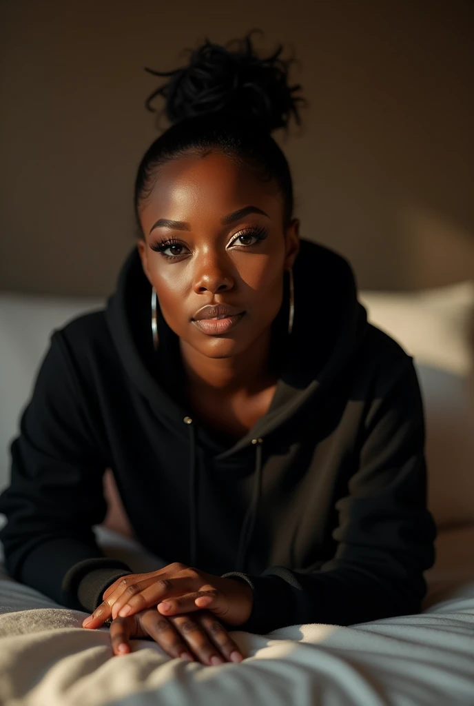 a beautiful black woman with her hair in a bun, wearing a black hoodie and black leather shorts, laying on her belly on a bed, backside view, camera positioned between her legs, extremely detailed, high quality, photorealistic, 8k, best quality, masterpiece, detailed facial features, beautiful eyes, nose, and lips, realistic skin texture, dramatic lighting, cinematic composition