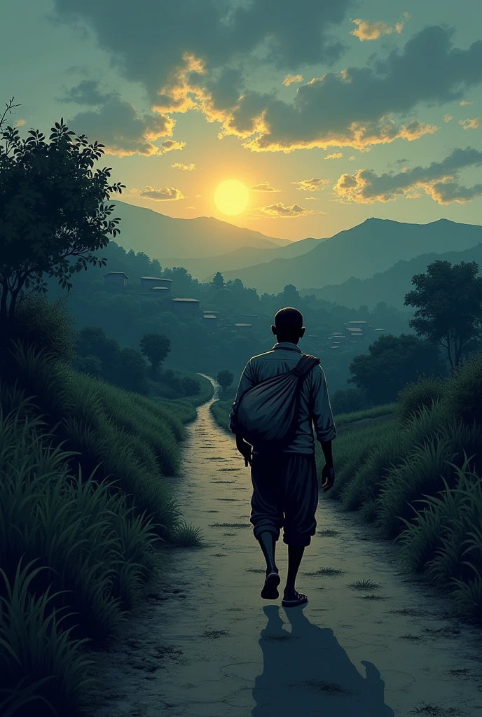 A Indian labour returning village with a bag in night shadow image sketch