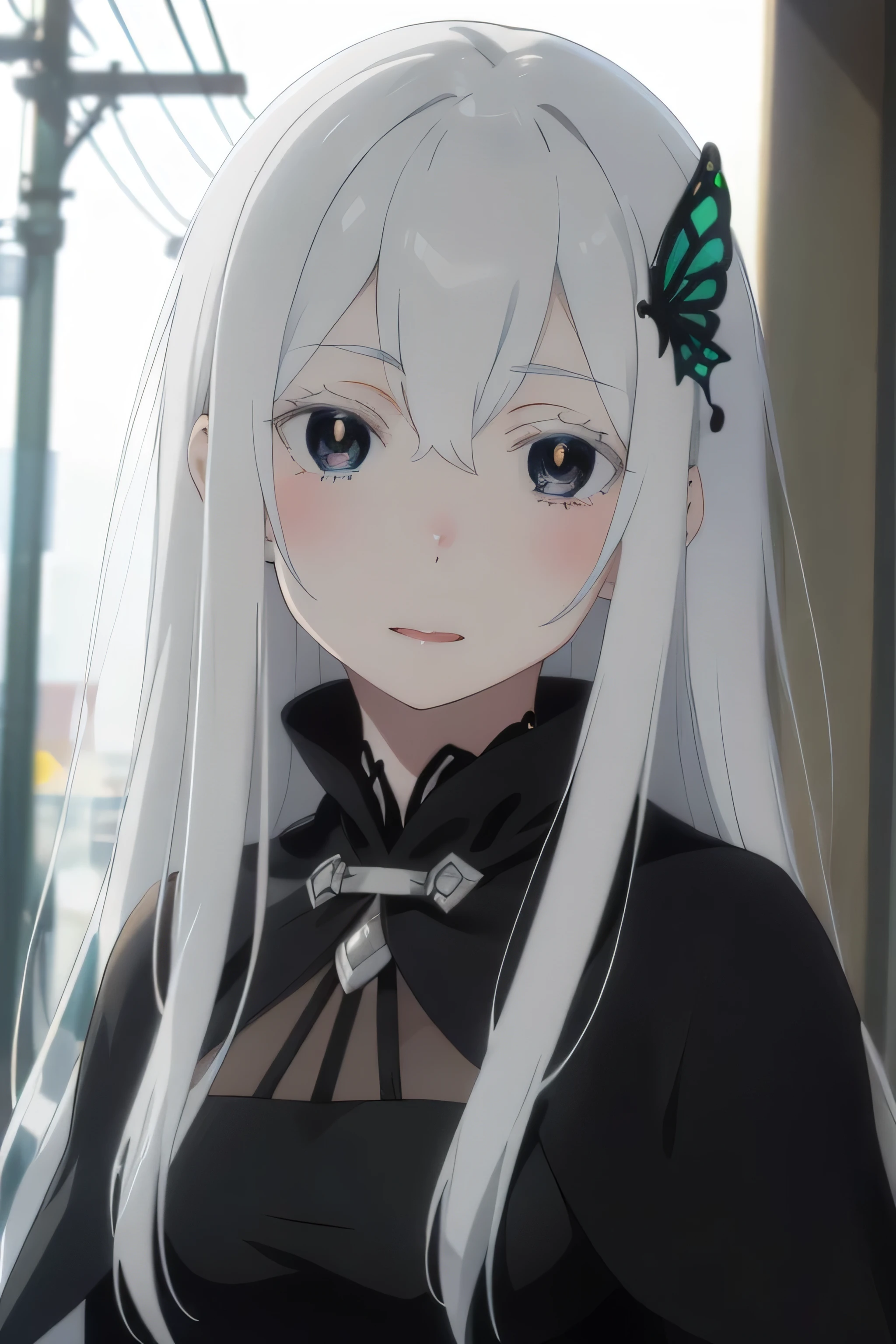 One girl,alone,Long Hair,Gray Hair,very Long Hair,Hair between the eyes,Farbeed eyelashes,Bright Eyes,紫Farbeの目,
é”女è£
,Butterfly Hair Ornament,Black collar,Black capelet,Black Dress,Long sleeve,Long dress,Vertical striped dress,Medium chest,, Amazing visuals, High resolution,masterpiece,Highest quality,, 1,young woman,Beautiful refers to,Beautiful long legs,Beautiful body,beautiful nose,Beautiful character design, Perfect Eyes, perfect face,Expressive eyes,
Official Art,Very detailed CG Unity 8k wallpaper, Perfect lighting,Farbeful, bright_front_face_Lighting,Glowing Skin,
(masterpiece:1.0),(Highest_quality:1.0), 超High resolution,4K,Very detailed,
photograph, 8k, High resolution, High resolution, absurdes:1.2, 400 for Kodak Port, Film Grain, Blurred Background, bokeh:1.2, Lens flare, (Vibrant_Farbe:1.2), (beautiful_face:1.5),(narrow_Waist), ,Browsing Caution,