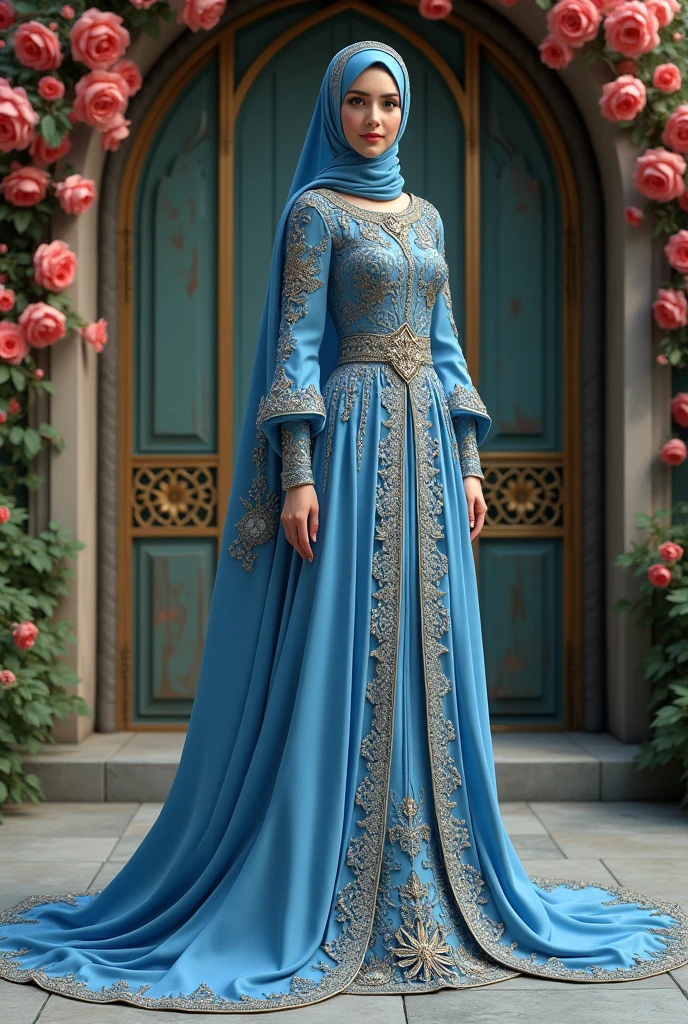 Create a hyper-realistic full-body shot of a smiling 25-year-old German female wearing a hejab and red ballgown dress, with blue eyes and jewelry art in silver. The subject is standing in a garden surrounded by green flowers and trees, and has intricate shape tattoos on their face. The image has dynamic posing and a detailed Arabic face, with an aspiring facial expression that conveys confidence and grace. The lighting is cinematic and the photograph is ultra-detailed, with 8k resolution and sharp focus. The jewelry art is intricate and detailed, and the subjectâs skin and eyes are rendered in exquisite detail.