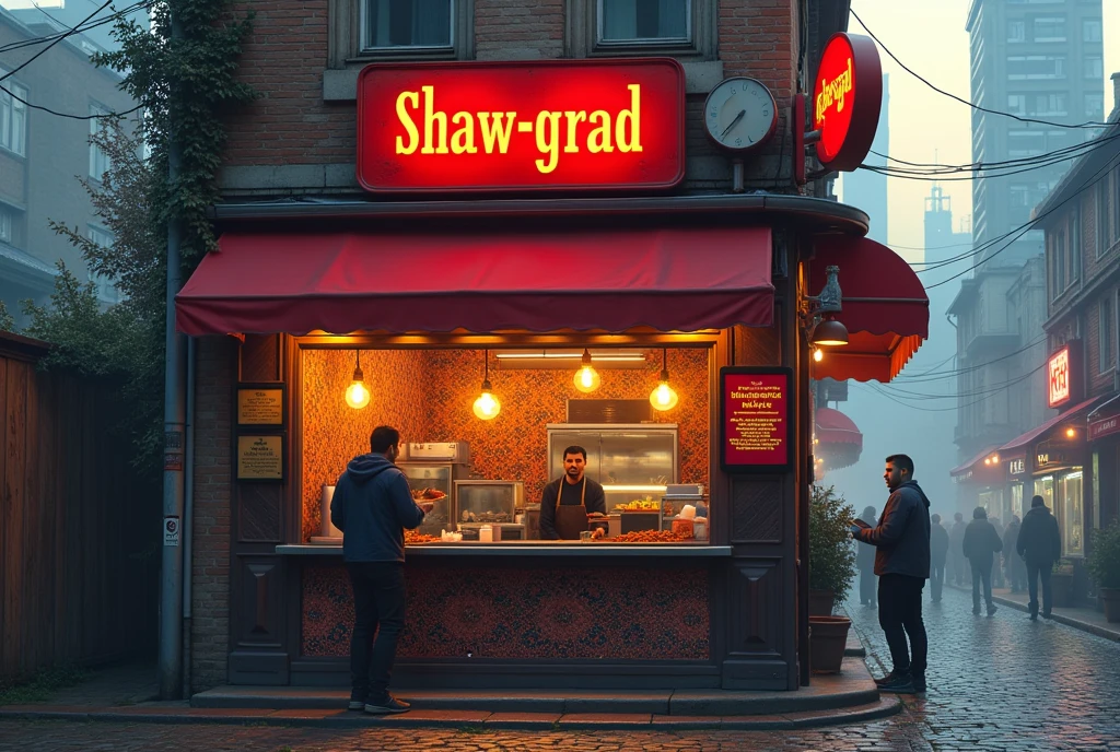 Midday, sunset, A small, cozy fast-food cafe with a red sign written in Tajik font, text sign says "Shav-grad", located in a modern Latvian city. The restaurant's interior is filled with the aroma of spices and fresh meat. The walls are adorned with vibrant, patterned carpets, creating a warm and welcoming atmosphere. Behind the counter, two men with dark complexions, likely of Tajik or Pakistani origin, are serving food. The exterior shows a busy, modern cityscape typical of modern Latvia, with narrow streets, skyscrapers on the background, and a mix of old and modern buildings. A slight fog hangs over the area, adding to the working-class vibe of the neighborhood. Ultra details, detailed faces