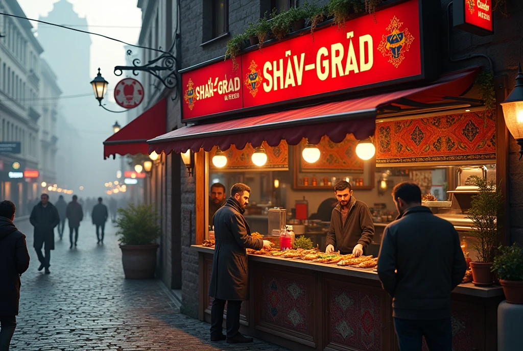 Midday, sunset, A small, cozy fast-food cafe with a red sign written in Tajik font, text sign says "Shav-grad", located in a modern Latvian city. The restaurant's interior is filled with the aroma of spices and fresh meat. The walls are adorned with vibrant, patterned carpets, creating a warm and welcoming atmosphere. Behind the counter, two men with dark complexions, likely of Tajik or Pakistani origin, are serving food. The exterior shows a busy, modern cityscape typical of modern Latvia, with narrow streets, skyscrapers on the background, and a mix of old and modern buildings. A slight fog hangs over the area, adding to the working-class vibe of the neighborhood. Ultra details, detailed faces