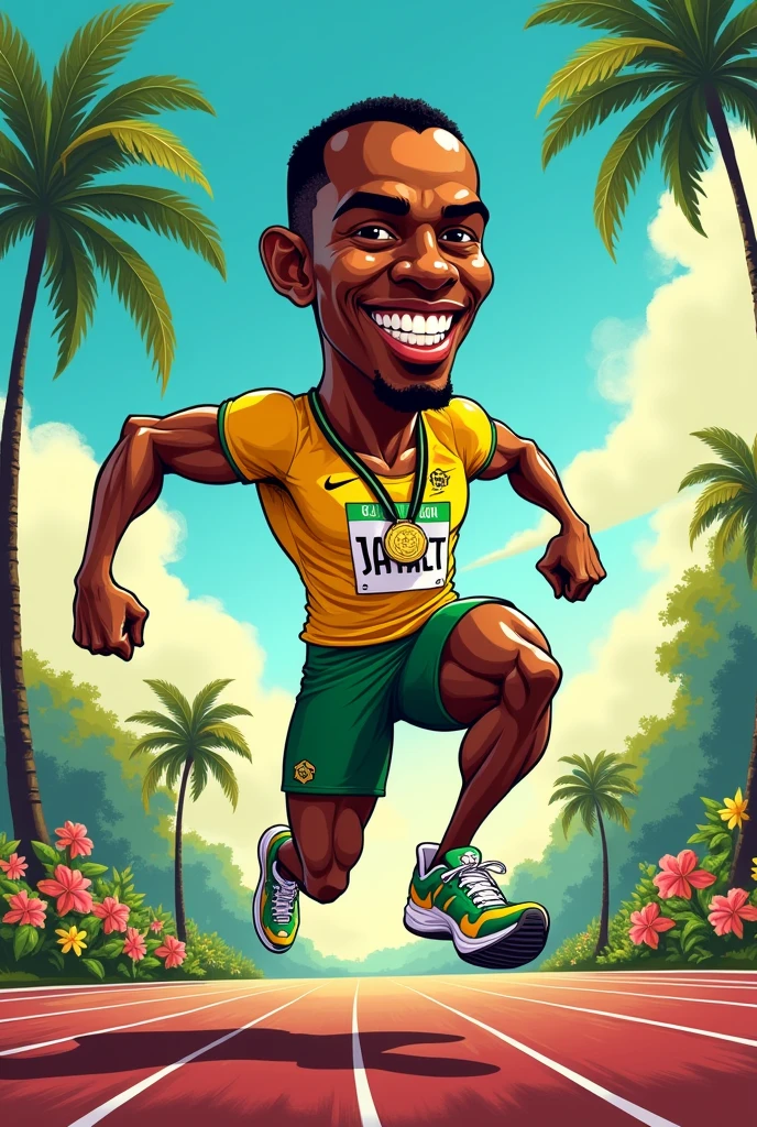 Caricature of athlete Bolt in JAMAICA