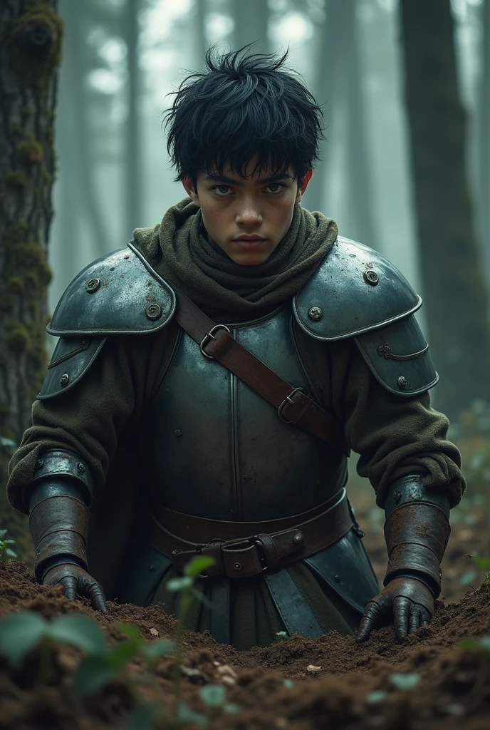 Create the image of a man, pale, muito pale, of 16 or , blackquality hair, and brown eyes in medieval soldier clothing wearing light armor, in a dark forest coming out of a makeshift grave in the ground
