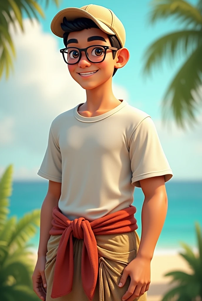 Please draw me a picture of a man Young age 19 years, wearing a sarong, wearing a cap, wearing glasses, wearing a plain white t-shirt, standing and smiling. 