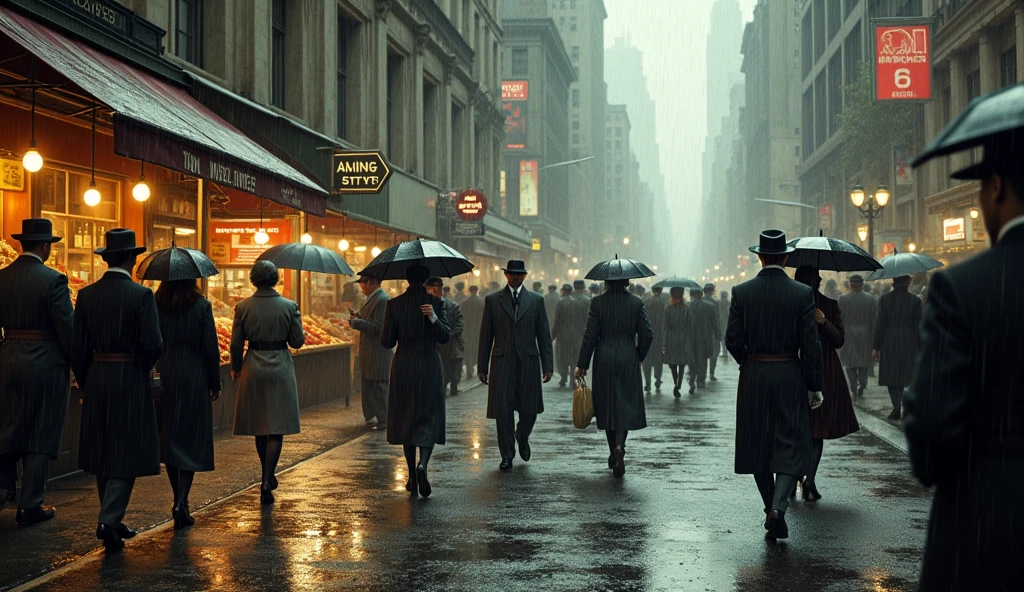 Picture New York City in 1928, a bustling metropolis on a rainy day with the temperature at a mild 24°C (75°F). The city, full of Art Deco architecture and soaring skyscrapers, is enveloped in a steady downpour, with raindrops drumming against the pavement and bouncing off the steel and stone structures that define the skyline. The strong wind whips through the streets, causing umbrellas to turn inside out and people to clutch their coats tightly around them as they hurry along the slick sidewalks.

The streets are a sea of dark, muted colors as most New Yorkers are dressed to stay dry and comfortable in the rain. Men are clad in trench coats or wool overcoats, their lapels turned up against the wind. Many wear felt fedoras or flat caps, which are pulled low to shield their faces from the rain. Their leather shoes, polished but now damp, are sturdy and designed to endure the wet conditions, with some opting for rubber galoshes to protect their footwear from the elements.

Women are dressed in stylish, knee-length coats made of wool or gabardine, often belted at the waist for a sleek silhouette. Their hats, cloche styles for many, are practical yet fashionable, sitting snugly on their heads to protect their carefully styled hair from the rain. Some women carry compact umbrellas, but many are forced to battle with the strong wind, holding their umbrellas tightly to prevent them from being blown away. On their feet, they wear sensible low-heeled shoes or boots, often with rubber overshoes to keep their feet dry.

The sidewalks are crowded with people moving quickly, heads down to avoid the rain splashing in their faces. The wind howls between the tall buildings, making the rain seem to come from all directions, and puddles form in the uneven cobblestones and asphalt, reflecting the shimmering lights of the city. Street vendors huddle under awnings, trying to protect their goods from the rain, while doormen in long coats and caps help usher people in and out of building
