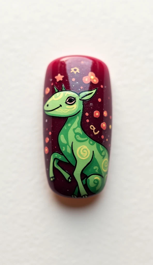 Create a green animal art style nail design in wine colors in an square shape with a white background with (realistic fingers)