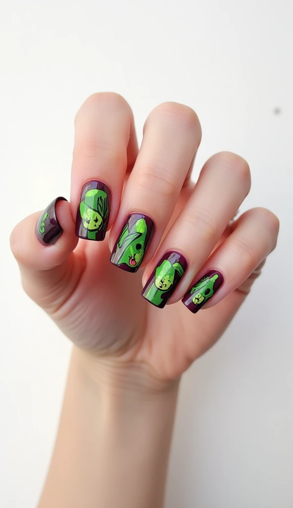 Create a green animal art style nail design in wine colors in an square shape with a white background with (realistic fingers)