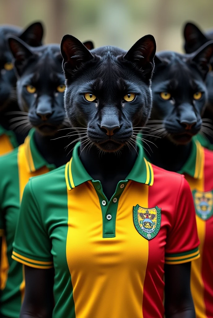 Some girls with the faces of black panthers wearing the polo shirt of the country Colombia 