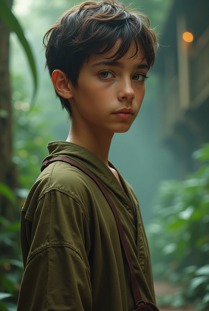 Slave boy 16, tall,, ( Brown or green outfit) korien slave outfit,short brown hair, detailed face, detailed brown beautiful eyes, full body photo (intricate:1.3), (arcane aura:1.2), (dreamlike:1.3), (subtle mist:1.1),(vibrant colors:1.2), (detailed hair:1.3), (ultra realistic details:1.5)