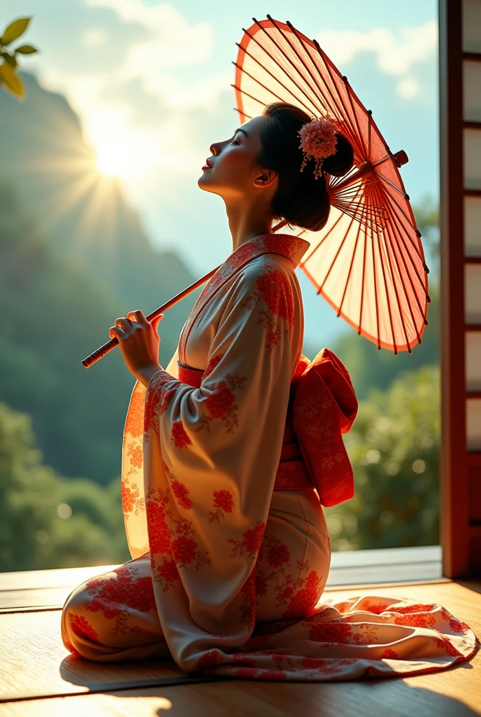 realistic photo, best definition, hdr definition, 12k, a geisha, wears a colorful traditional kimono, she looks at the sky, a Japanese parasol in her hand, she is kneeling on a tatami, typical Japanese garden background, the weather is nice, the sun illuminates the sky, a spirit of well-being emanates from this scene, zen and fullness, this scene in its details is a masterpiece