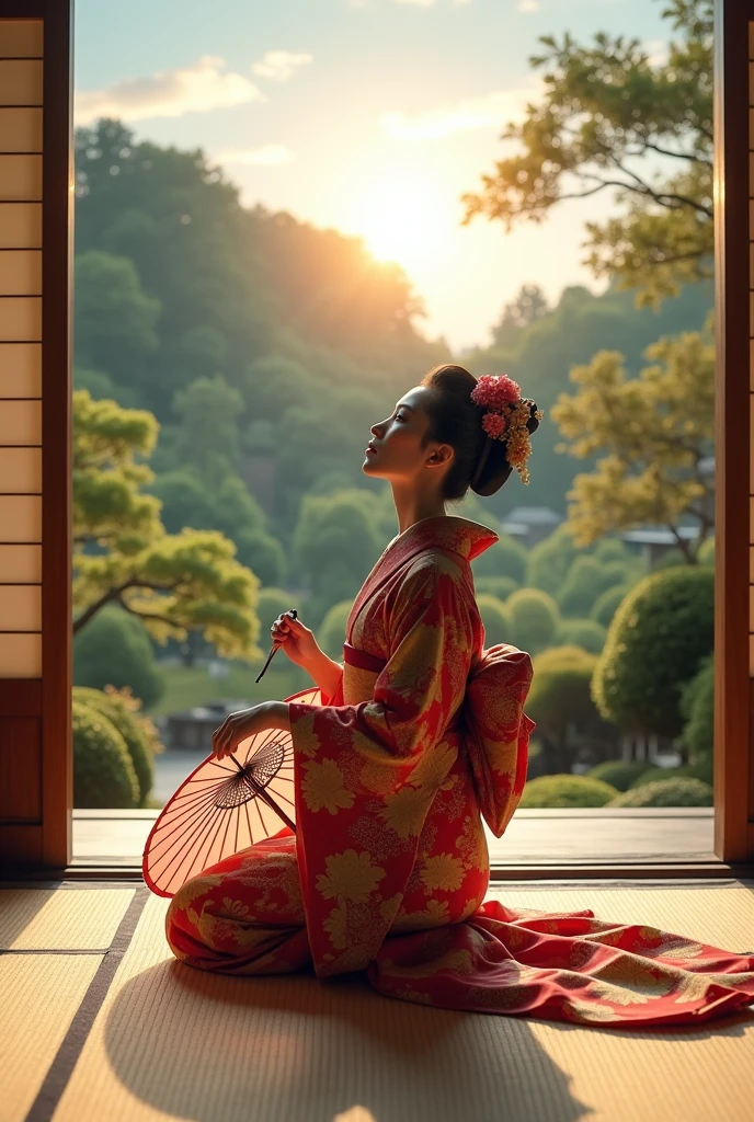 realistic photo, best definition, hdr definition, 12k, a geisha, wears a colorful traditional kimono, she looks at the sky, a Japanese parasol in her hand, she is kneeling on a tatami, typical Japanese garden background, the weather is nice, the sun illuminates the sky, a spirit of well-being emanates from this scene, zen and fullness, this scene in its details is a masterpiece