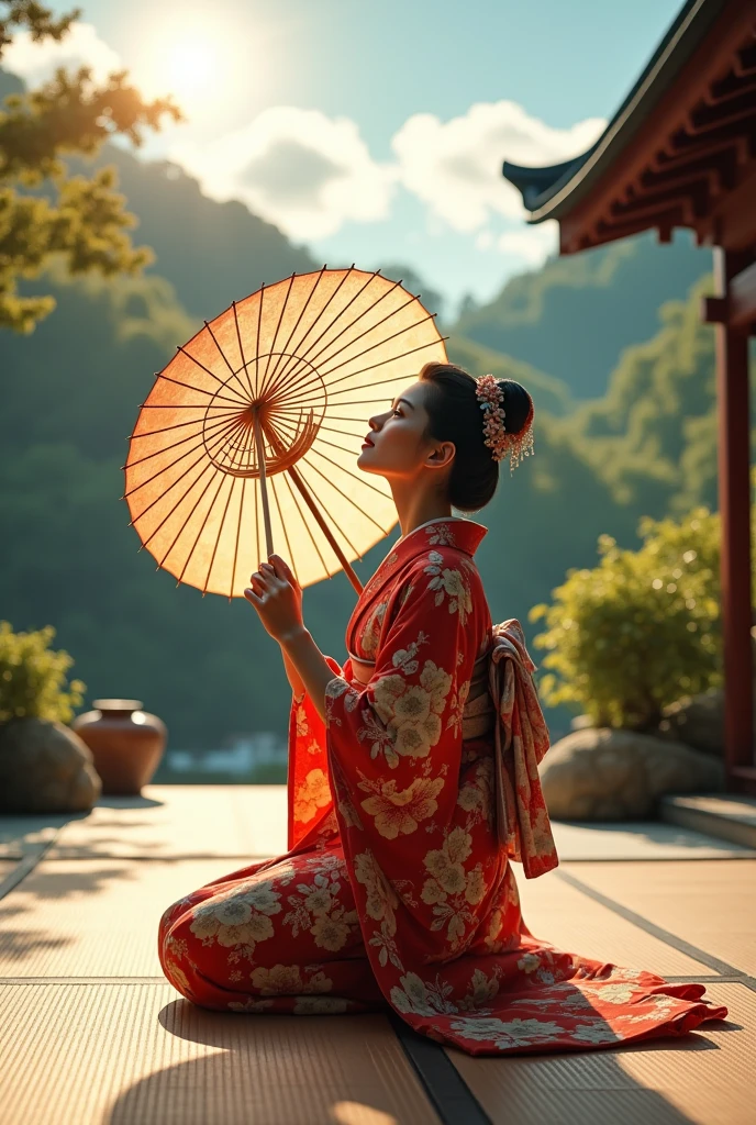 realistic photo, best definition, hdr definition, 12k, a geisha, wears a colorful traditional kimono, she looks at the sky, a Japanese parasol in her hand, she is kneeling on a tatami, typical Japanese garden background, the weather is nice, the sun illuminates the sky, a spirit of well-being emanates from this scene, zen and fullness, this scene in its details is a masterpiece
