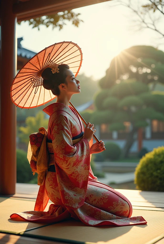 realistic photo, best definition, hdr definition, 12k, a geisha, wears a colorful traditional kimono, she looks at the sky, a Japanese parasol in her hand, she is kneeling on a tatami, typical Japanese garden background, the weather is nice, the sun illuminates the sky, a spirit of well-being emanates from this scene, zen and fullness, this scene in its details is a masterpiece