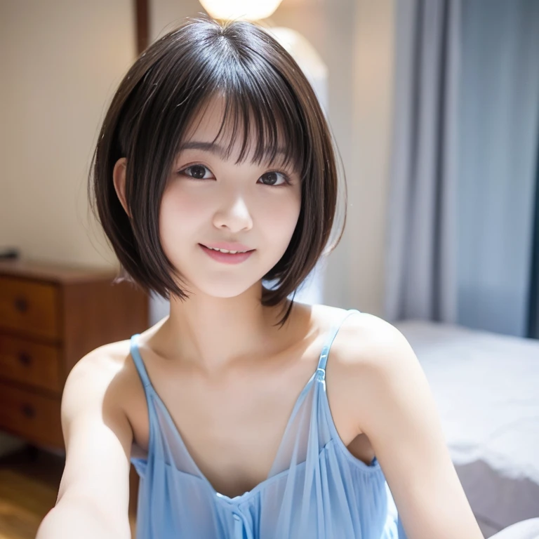 Best-quality, Masterpiece, Ultra-High-Resolution, (Photorealistic:1.4), Raw-Photo, at hotel-room, 1girl, -yeld, thost famous Japanese idol, (wearing only light-blue see-through dress, extremely see-through dress), upturned ass, (extremely cute face like the most popular Japanese idol), (extremely beautiful black-short-cut-haired), (((extremely beautiful big-black-solid-circle-eyes))), extremely beautiful skins, extremely beautiful body, innocent-smile, looking at viewer, detailed see-through-dres.big breasts,