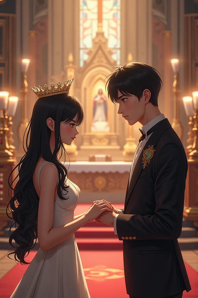 A black-haired woman with a crown signing her marriage contract next to her husband in a church