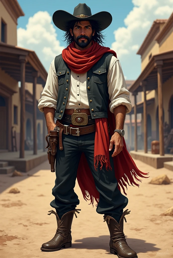 Create a full-body artwork of a well-groomed adult Mexican street vendor with long, messy dark hair and a well-groomed mustache and goatee. He wears a dark vest and a plain white shirt. He wears a black hat. He wears black pants with a buckle. A red scarf is wrapped around his neck and boots with spurs. One hand is in his pocket. The character should be styled in a fantasy RPG art style, set in the Wild West. He is a mature man and finished art.