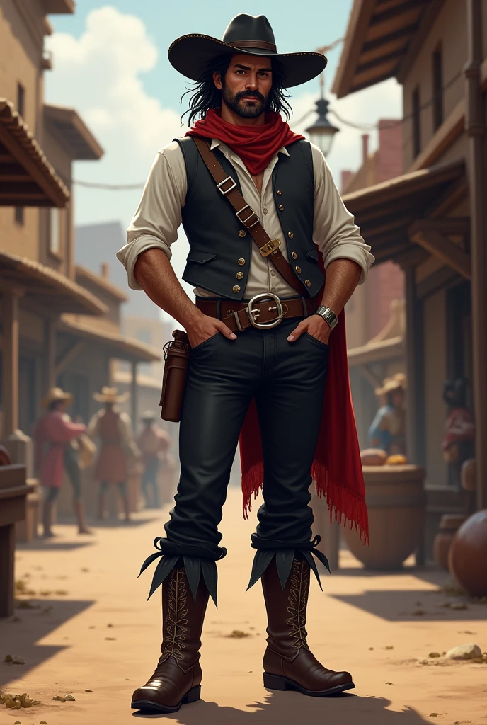 Create a full-body artwork of a well-groomed adult Mexican street vendor with long, messy dark hair and a well-groomed mustache and goatee. He wears a dark vest and a plain white shirt. He wears a black hat. He wears black pants with a buckle. A red scarf is wrapped around his neck and boots with spurs. One hand is in his pocket. The character should be styled in a fantasy RPG art style, set in the Wild West. He is a mature man and finished art.