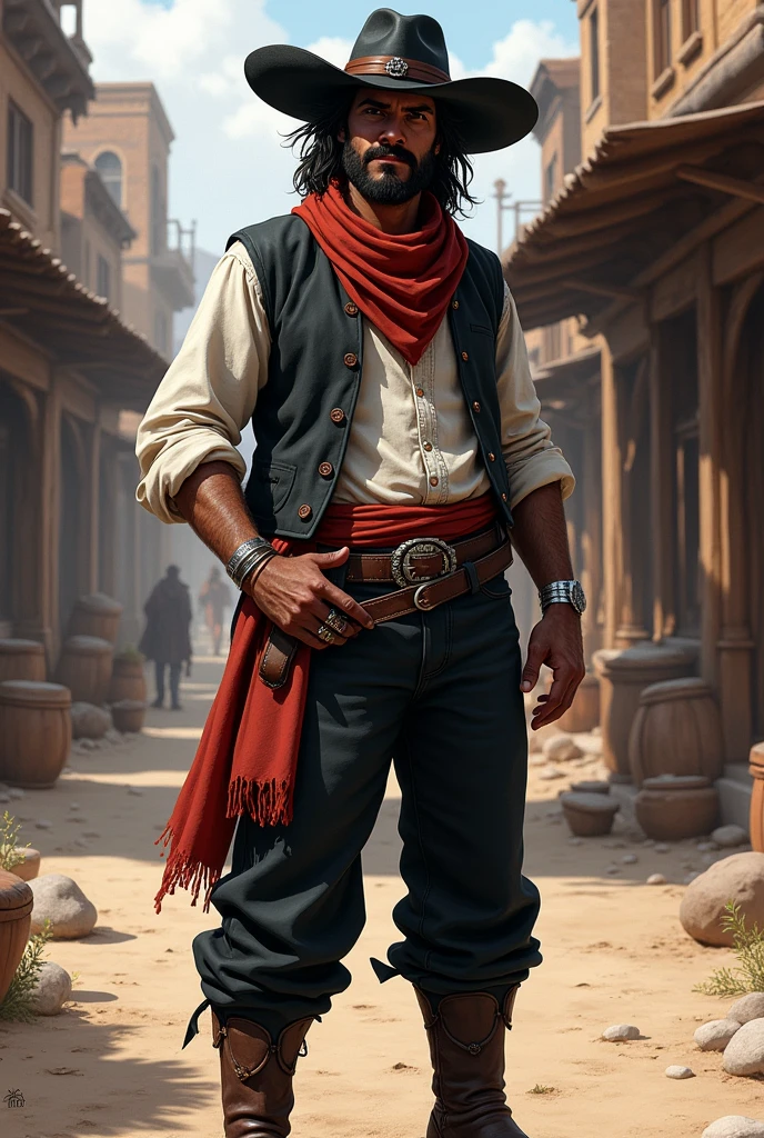 Create a full-body artwork of a well-groomed adult Mexican street vendor with long, messy dark hair and a well-groomed mustache and goatee. He wears a dark vest and a plain white shirt. He wears a black hat. He wears black pants with a buckle. A red scarf is wrapped around his neck and boots with spurs. One hand is in his pocket. The character should be styled in a fantasy RPG art style, set in the Wild West. He is a mature man and finished art.