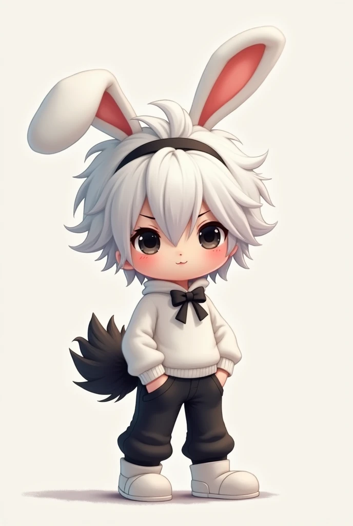 Man 20 years old with fluffy black tail messy white hair medium white bunny boy clothes black pants black eyes white bow behind head medium