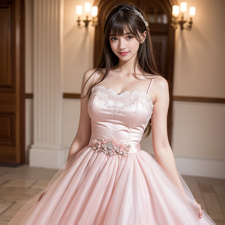 laughing out loud,(knee shot), 1 girl, light brown hair, blunt bangs, hair behind ears, Hair over the shoulders, long hair, Slender body type, Super thin face, face slimming, delicate lips, beautiful eyes, Thin blush, Eyes are light brown,Check it out here, (realistic:1.3), 8k, , Super detailed, high quality, best quality, High resolution,Wear pink wedding dress,Wear a big dress,wear princess dress,Wear a wedding dress,fairy princess dress,in the castle,Wedding ceremony,gauze dress,Wedding dress,Large gauze skirt禮服,tutu dress,Large skirt,Big hem,Large gauze skirt,2