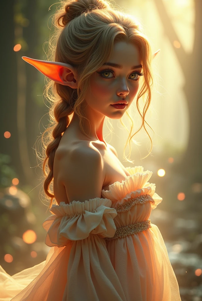 a beautiful elf girl wearing a maid dress, soft warm lighting, ethereal, detailed face and eyes, delicate facial features, long eyelashes, flowing dress, intricate details, magical, fantasy, dreamlike atmosphere, vibrant colors, detailed texture, cinematic lighting, digital art, concept art, masterpiece, 8k, highres, photorealistic, Pointy ears, anime style,