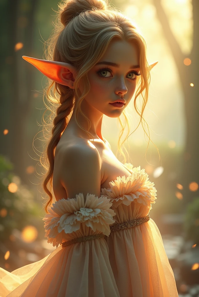 a beautiful elf girl wearing a maid dress, soft warm lighting, ethereal, detailed face and eyes, delicate facial features, long eyelashes, flowing dress, intricate details, magical, fantasy, dreamlike atmosphere, vibrant colors, detailed texture, cinematic lighting, digital art, concept art, masterpiece, 8k, highres, photorealistic, Pointy ears, anime style,