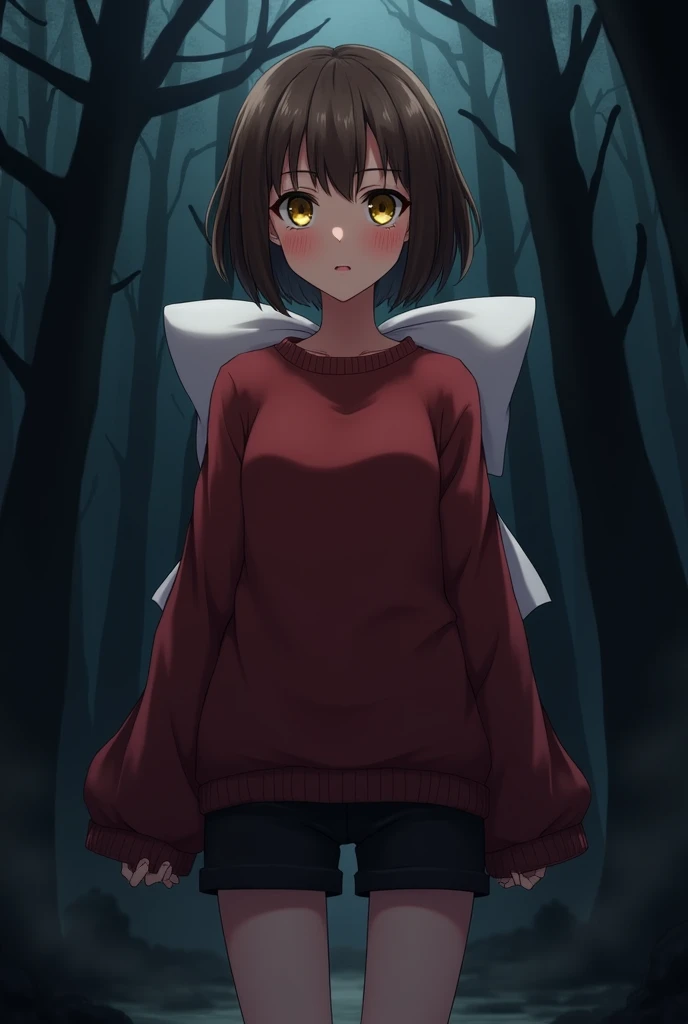 Anime girl with short brown hair, bangs and yellow eyes,with a long red sweater and black shorts,with a big white bow behind, being in a dark forest at night with a brave face but at the same time with half.