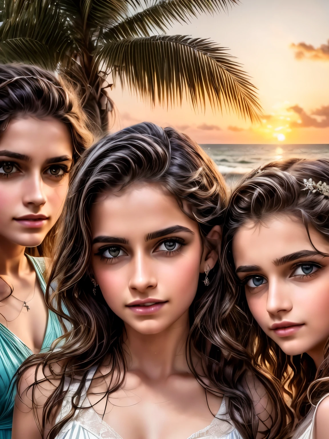 a group of byoung oys and young girls near the beach on a summer night, beautiful detailed eyes, beautiful detailed lips, extremely detailed eyes and face, long eyelashes, teenage, candid, natural outdoor lighting, sunset sky, crashing waves, sand, palm trees, vibrant colors, cinematic, dramatic, 8k, high resolution, photorealistic, hyper detailed, stunning, masterpiece