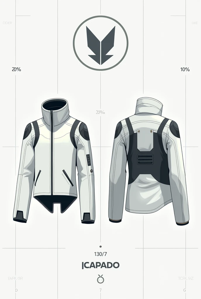 Design a futuristic, minimalistic jacket using a schematic style illustration. The jacket should feature a high, standing collar and be primarily white with 70% coverage, complemented by 20% grey accents and 10% black highlights. Include a simple, geometric pattern along the shoulders and chest. Display the jacket in front, side, and back views, using a grid background and clean, precise lines. The design should look like a flat technical drawing, emphasizing simplicity and clarity, with a focus on shape and form make for man