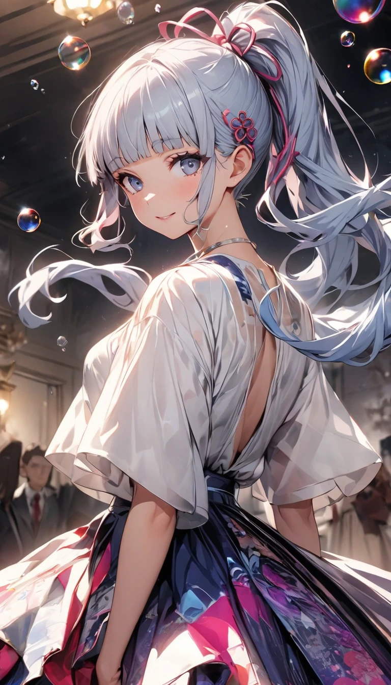 (masterpiece), (Highest quality), (Super detailed),(Disheveled Hair),(figure), (One girl), (Fashionable clothes), Are standing, Fashion Model, View your viewers, (interview), (Simple Background),Beautiful attention to detail, Delicate and beautiful face, floating,(High saturation),(Colorful splashes),Colorful Bubbles,(The Shining), Focus on the face, ponytail, kamisato ayaka, Light blue hair, bangs, Hair Ring, Floating Flowers, Floating hair, (The Shining), Best lighting, Best Shadow,