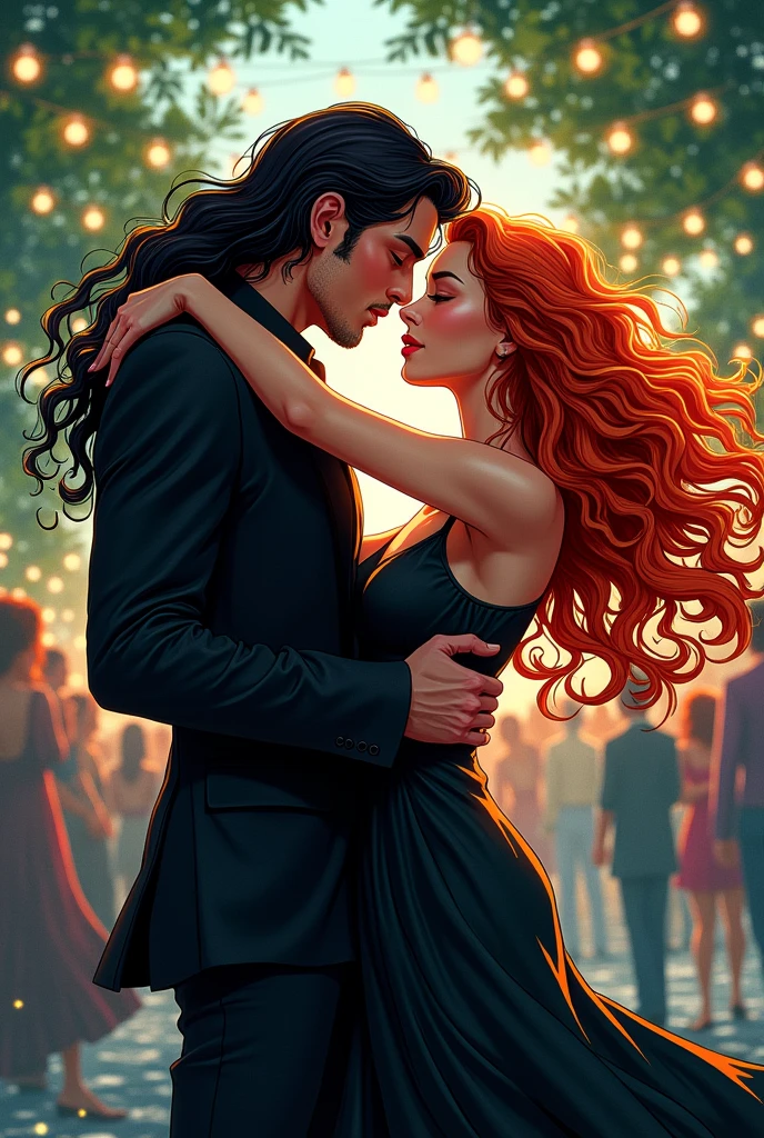 Create a man with long hair and black clothes dancing at a June party with a woman with red and curly hair, drawing style