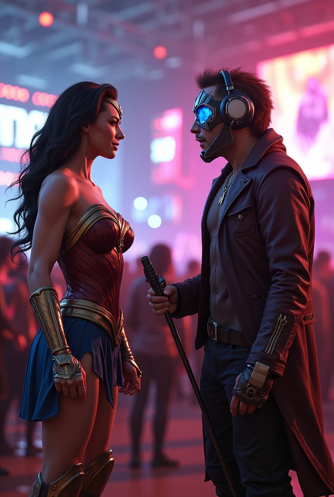 Wonder woman, big breasts, Realistic, perfect body, full body, Busty, vs. Kid Star-lord with reed hoodie, headphones, rocket boots, star-lord helmet, round & red eyes, covered face, detailed mask touching the Dj, festival, microphone