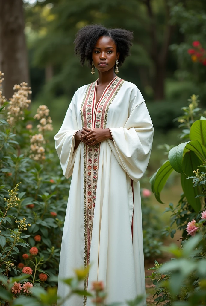 A full-body image of a beautiful woman wearing a traditional Ethiopian white kemis, standing in a lush garden.add cross embroidery on her dress