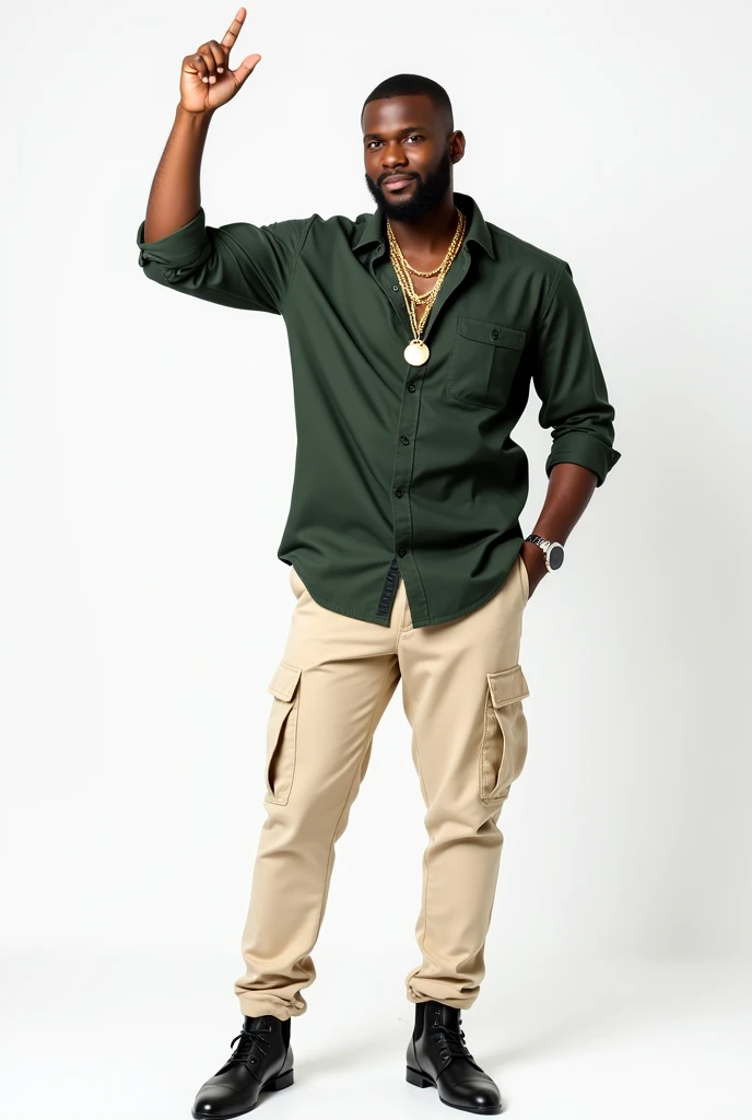 rich handsome man, wearing dark green collared shirt with front pocket, with cream color cargo pants, gold chains in neck, holding iphonebin one hand and looking into iphone screen, and posing victory sign with other hand showing to the viewer, in white background show full picture head to knees