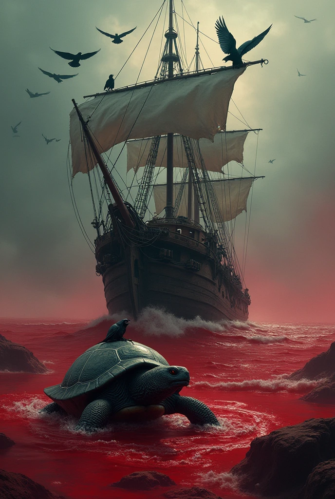 A ship in a sea of blood sails with many crows led by a turtle 