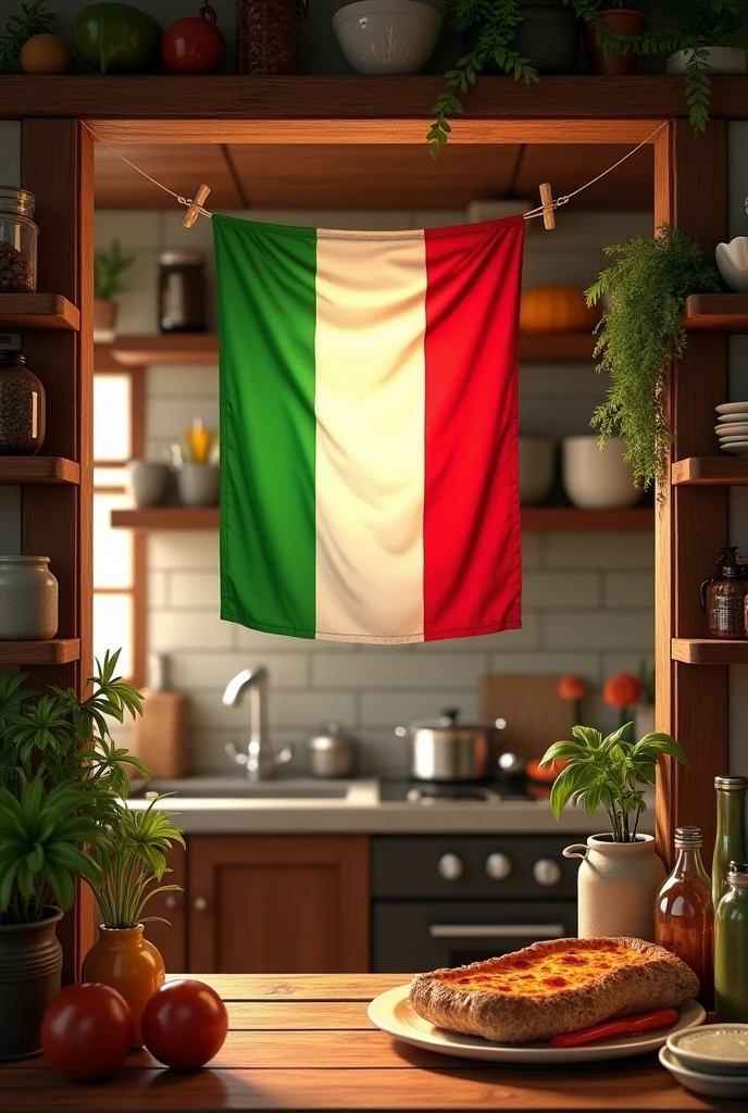 kitchen background with italian flag hanging on shelf
