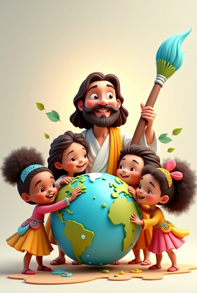 3d cartoon of Jesus painting the planet earth with a brush and children of various races happy and wearing colorful clothes next to Jesus