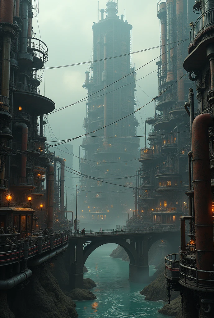 (((steampunk))), city, (((overcrowded buildings))), exposed gears and pipes, (((muffled light))), flooded land, ((gears)), ((thick pipes)), covered bridge, Bottom-up perspective, reflecting the height of the building, dark weather, chimneymechanical devices))), ((chess wires)), crowded city, non-standard buildings