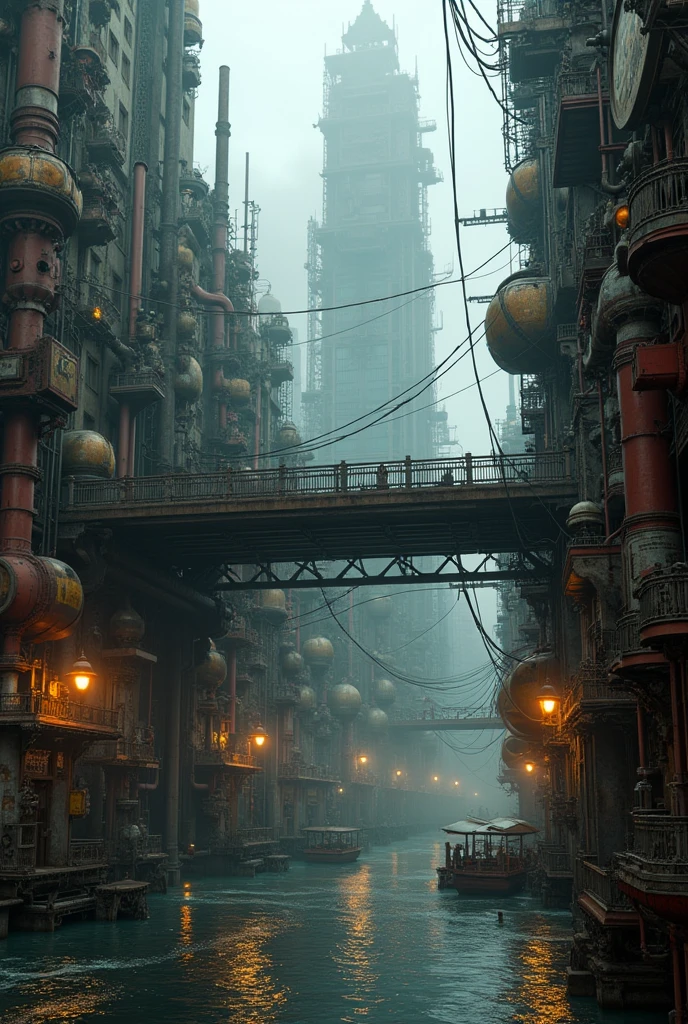 (((steampunk))), city, (((overcrowded buildings))), exposed gears and pipes, (((muffled light))), flooded land, ((gears)), ((thick pipes)), covered bridge, Bottom-up perspective, reflecting the height of the building, dark weather, chimneymechanical devices))), ((chess wires)), crowded city, non-standard buildings