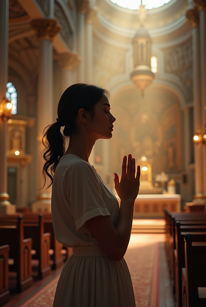 (photorealism:1.2), A young woman praying standing in church
