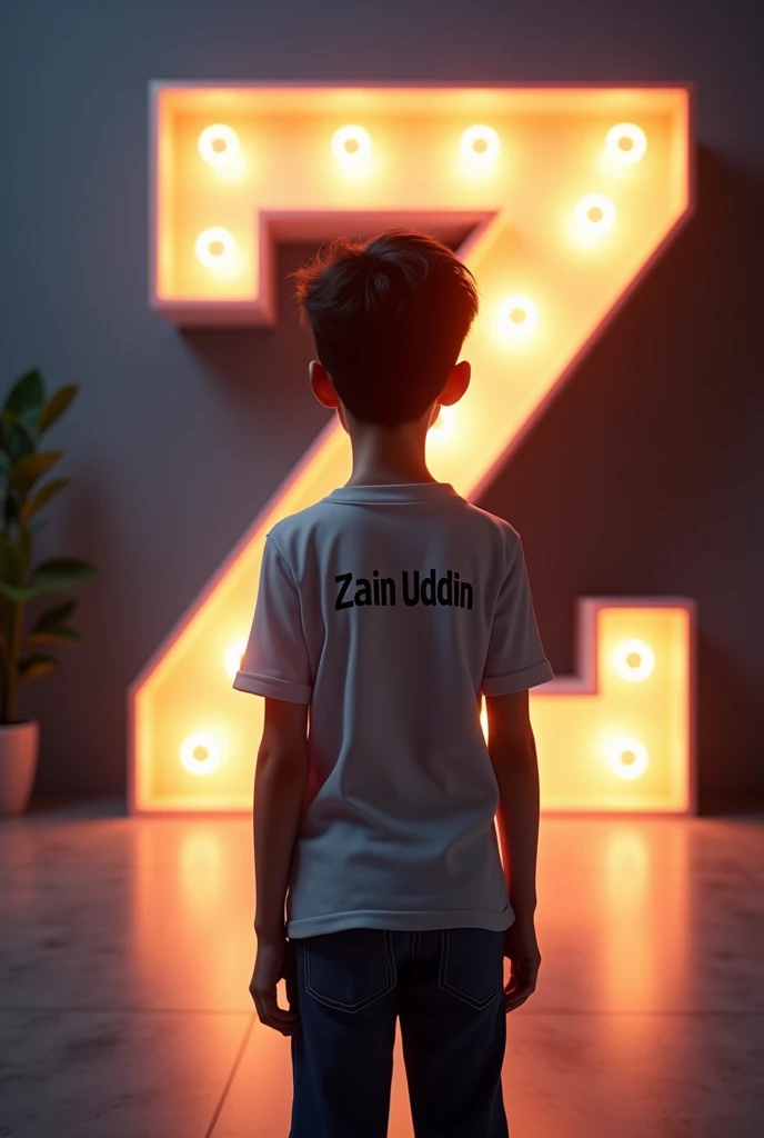 Visualize a fair-skinned, handsome young boy with soft, youthful features, standing with his back turned towards the viewer. He is wearing a shirt with the name 'Zain UdDin' boldly printed on the back. Behind the boy, there is a large, three-dimensional letter 'Z', illuminated by glowing lights that give it a vibrant and dynamic appearance. The scene should have a clean, modern feel with a focus on the contrast between the boy's simplicity and the striking presence of the illuminated 'Z'."