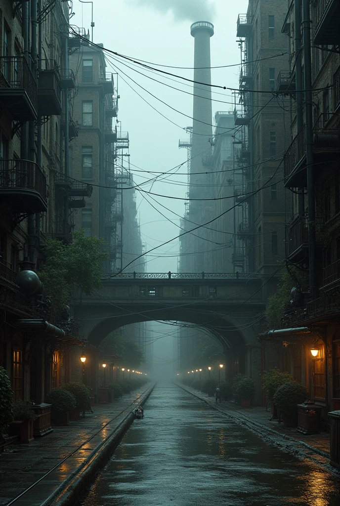 (((steampunk))), city, (((overcrowded buildings))), exposed gears and pipes, (((muffled light))), flooded land, ((gears)), ((thick pipes)), covered bridge, Bottom-up perspective, reflecting the height of the building, dark weather, chimneymechanical devices))), ((chess wires)), crowded city, non-standard buildings