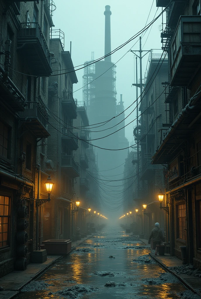 (((steampunk))), city, (((overcrowded buildings))), exposed gears and pipes, (((muffled light))), flooded land, ((gears)), ((thick pipes)), covered bridge, Bottom-up perspective, reflecting the height of the building, dark weather, chimneymechanical devices))), ((chess wires)), crowded city, non-standard buildings