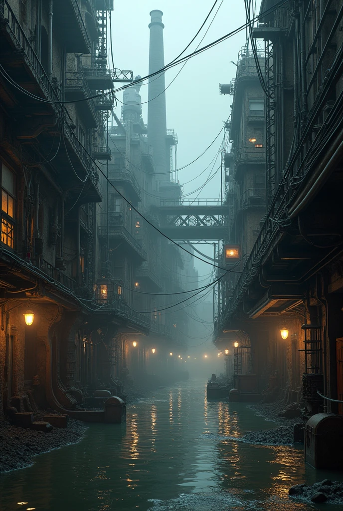 (((steampunk))), city, (((overcrowded buildings))), exposed gears and pipes, (((muffled light))), flooded land, ((gears)), ((thick pipes)), covered bridge, Bottom-up perspective, reflecting the height of the building, dark weather, chimneymechanical devices))), ((chess wires)), crowded city, non-standard buildings