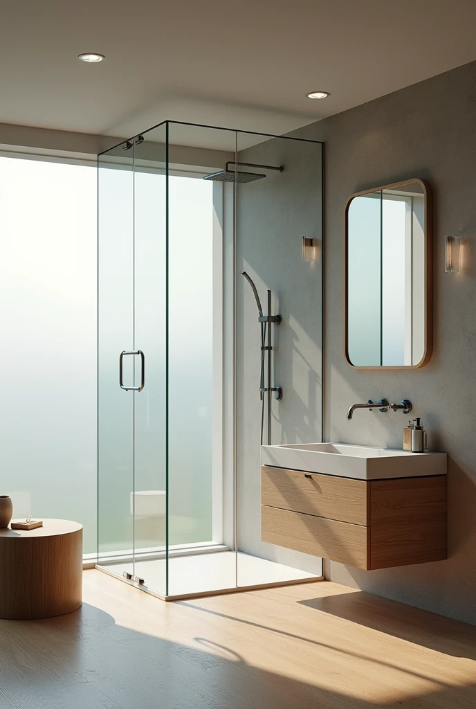 bathroom contemporany, ultra-realistic , 8k, ultra realistic render , 4K , photo realist , frosted glass window, glass box up to the ceiling , metal therefore , Wood 