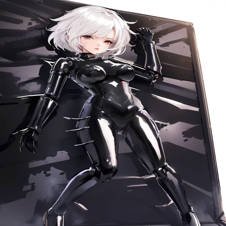 Anime - Style image of a woman in a black latex suit, Shining black armor, 2B Nier Automata, wearing a black catsuit, 2b ..., 2b, completely covered in metal armor, 2b ... from nier automata, Nier Automata 2b, Wrapped in black tentacles, completely robot!! Cat girl, Dark colored suit, Perfect android girl